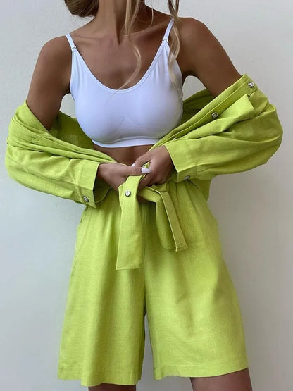 vmtvr Summer Women's Suit Shirt and Short Sets Solid Color Casual Cotton and Linen Blouse and Shorts Two Piece Sets Women Outfit 2024