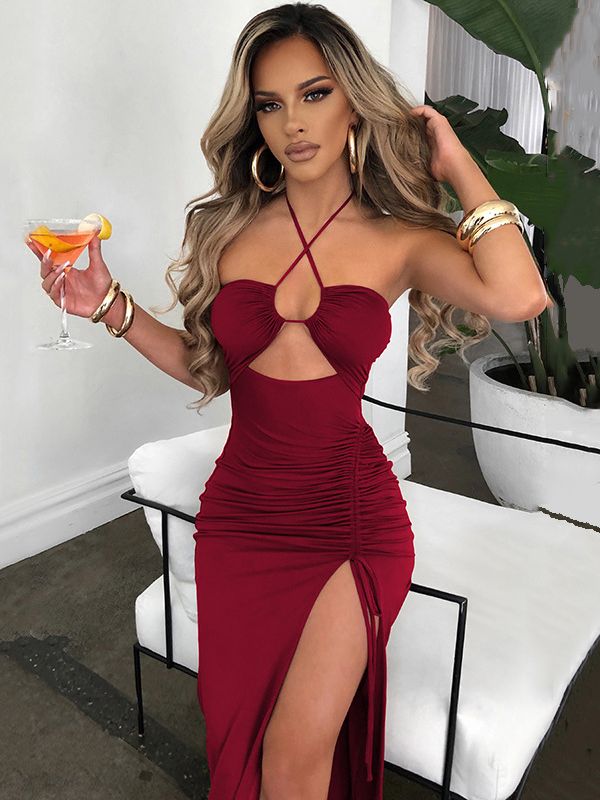 vmtvr - Hot Summer Sexy Halter Backless Sleeveless Cut Out Maxi Dress for Women Elegant Club Party Slit Dresses Vestido