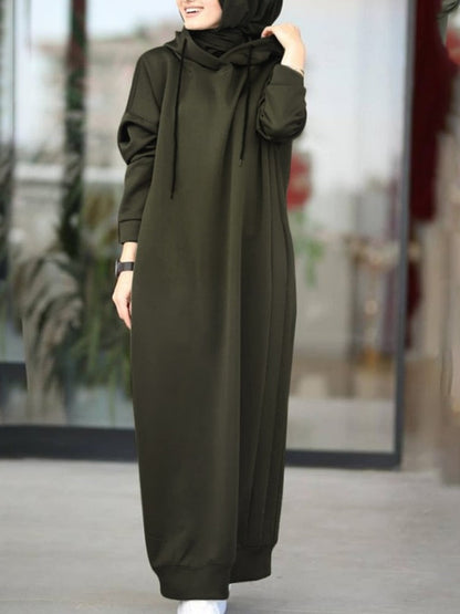 Women Muslim Dress Sweatshirt Dress  Stylish Hoodies Long Sleeve Maxi Dress Female Casual Solid Hooded Vestidos Robe