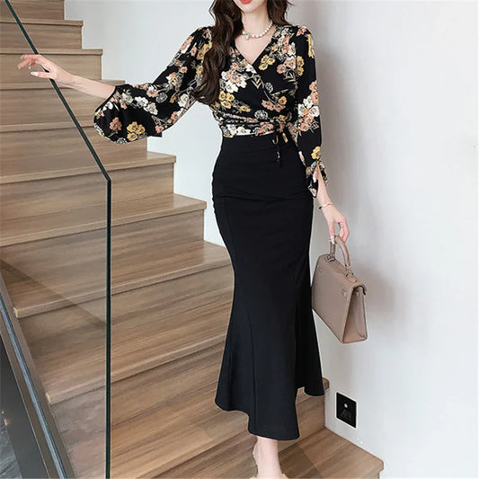 vmtvr New French Vintage Floral Dress for Women Long Sleeve Two Piece V-Neck Trumpet New Autumn Winter Fashion Dress Sets