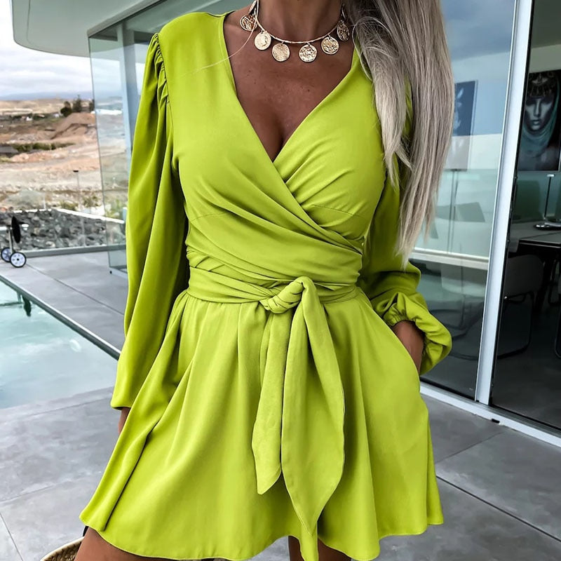 vmtvr - Elegant Pocket Solid Holiday Dress Spring Casual Long Sleeved Mini Dress Fashion V-neck Lace Up Waist Pleated Short Dress Mujer