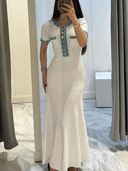 vmtvr  -  Knitted Ribbed Long Dress Women V Neck Denim Patchwork Short Sleeve Pockets Buttons Bodycon Maxi Dresses Lady Slim Fit Robe