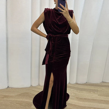 vmtvr Sexy O-neck Sleeveless Soft Velvet Party Dress Women Spring Solid Slim High Slit Draped Long Dress Summer Hollow Mermaid Dresses