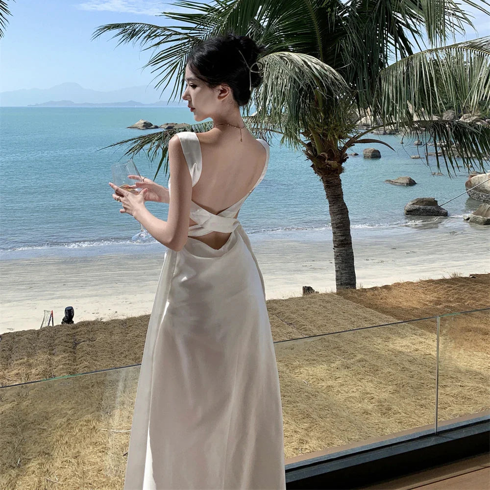 vmtvr  -  French Elegant Backless Bandage Long Dresses for Women Summer Satin Sleeveless Birthday Party Beach Casual Female Clothing Robe