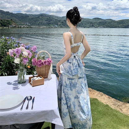 vmtvr NEW Women Chinese Blue Floral Slip Dress Summer 2024 Bow Tie Elegant Casual Straps Dress Vacation Party Long Runway Vestidos