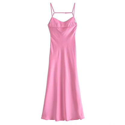 vmtvr -  New Women Hollow Design Silk Satin Texture Midi Suspender Dress Summer Sexy Revealing Back Slit Slim Pink Dress