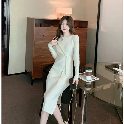 vmtvr Vintage Solid Knitted Dress Women Autumn Winter Elegant Lady Bandage Slim Sexy Midi Dress French Sweater One-piece Dress