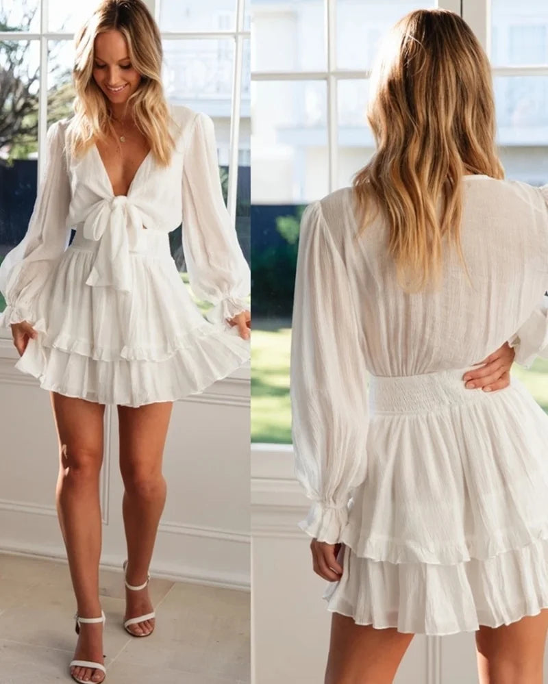 vmtvr White Long Sleeved V Neck Tied A Line Skirt Single Piece White Dress For Women In Summer