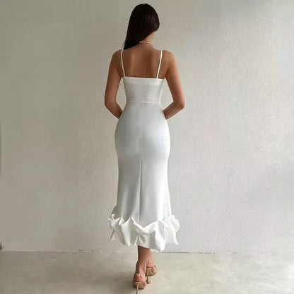 Sexy Sleeveless Backless Midi Dress Women 2024 Summer Fashion Bodycon Elegant Ruffles Eged Birthday Party Club Pencil Dess