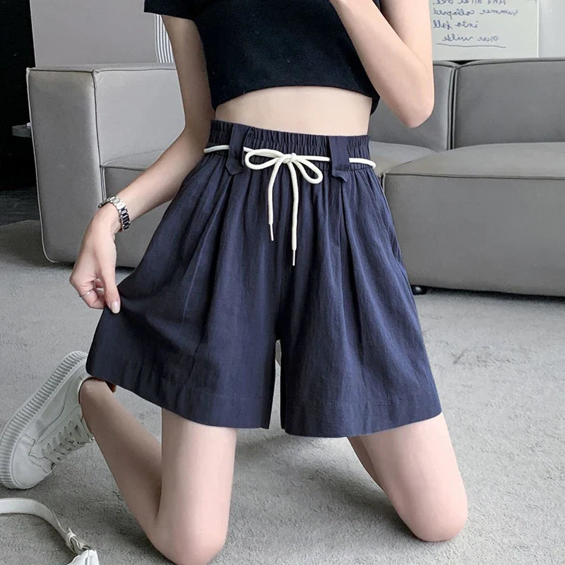 vmtvr High Waist Cotton Linen Shorts Women Summer Korean Casual Streetwear Loose Sport Shorts All Match Female Wide Leg Pants