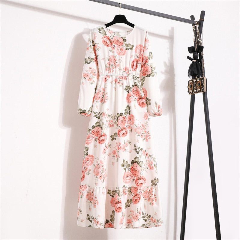 Women Floral Printed Maxi Dresses Spring Summer Casual O Neck Full Sleeve High Waist A Line Boho Beach Party Long Dress Vestidos