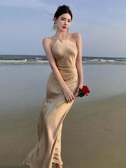 vmtvr Champagne Halter Pleated Backless Long Dress Summer New Elegant Fashion Evening Party Ladies Vintage Dresses Female Clothes