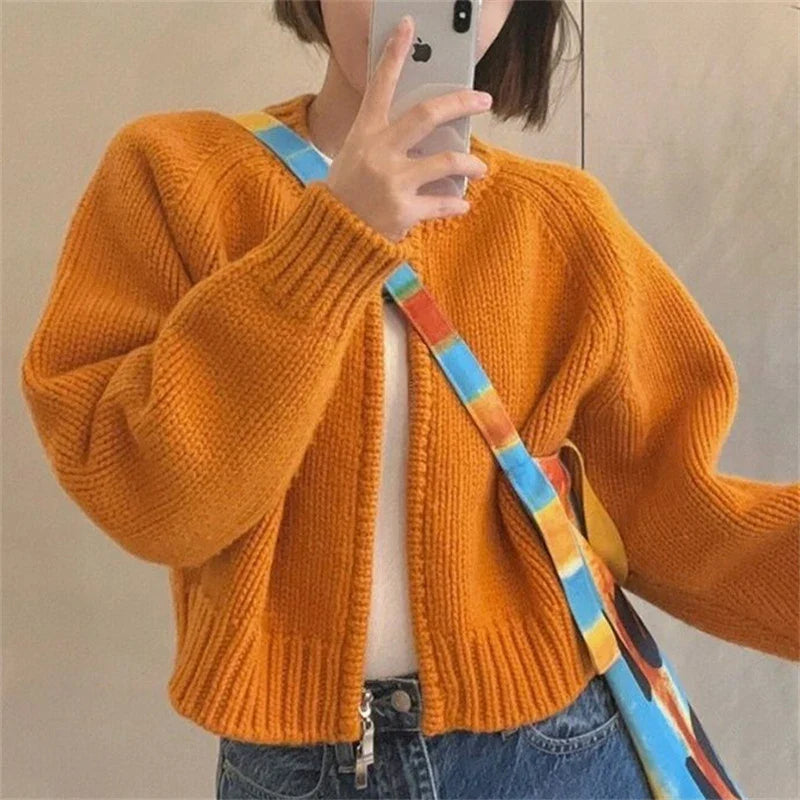 vmtvr Vintage Knitted Cardigan Women Long Sleeve  O Neck Sweater Cardigans Autumn Winter Loose Chic Knit Zipper Jumpers