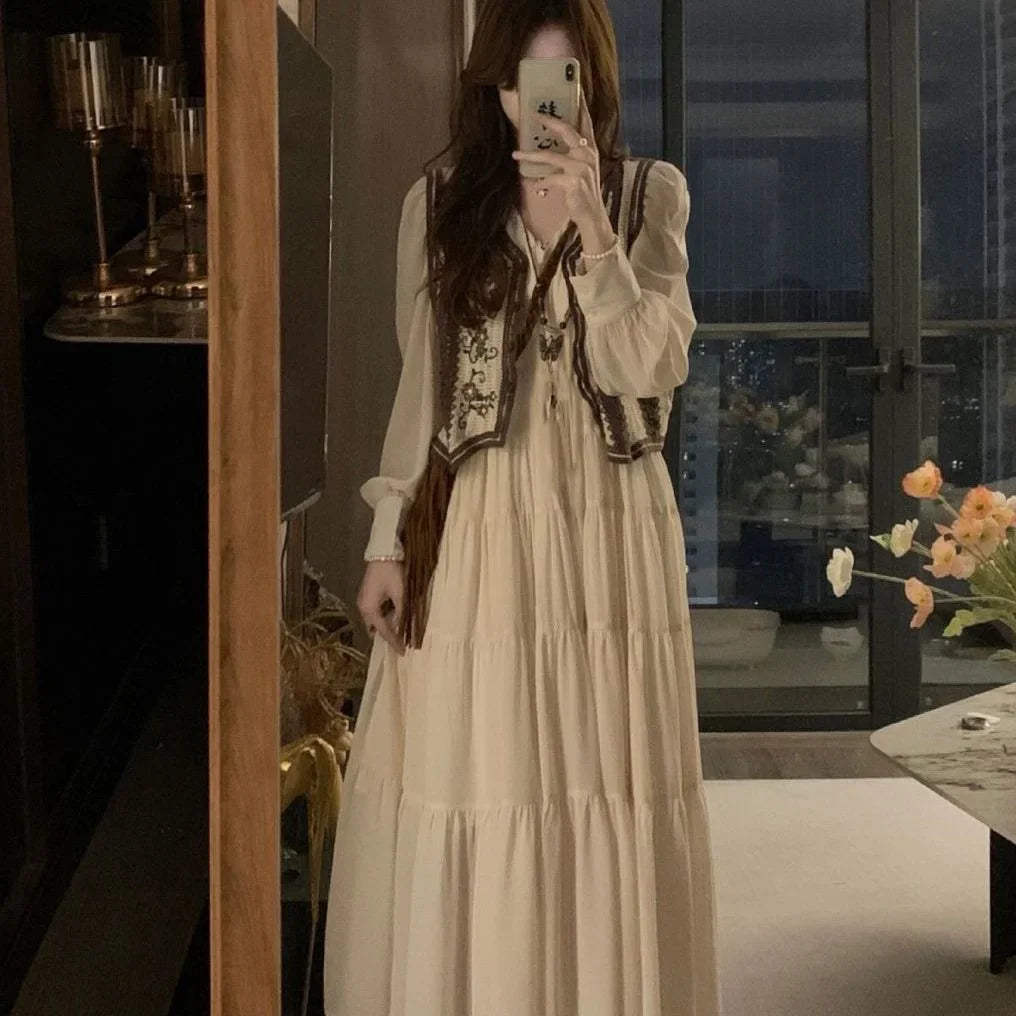 Bohemia Solid Long Sleeve Dress Embroidery Knitted Vest Women Spring Autumn Vintage Casual Simply 2PCS  Chic Long Dress Set