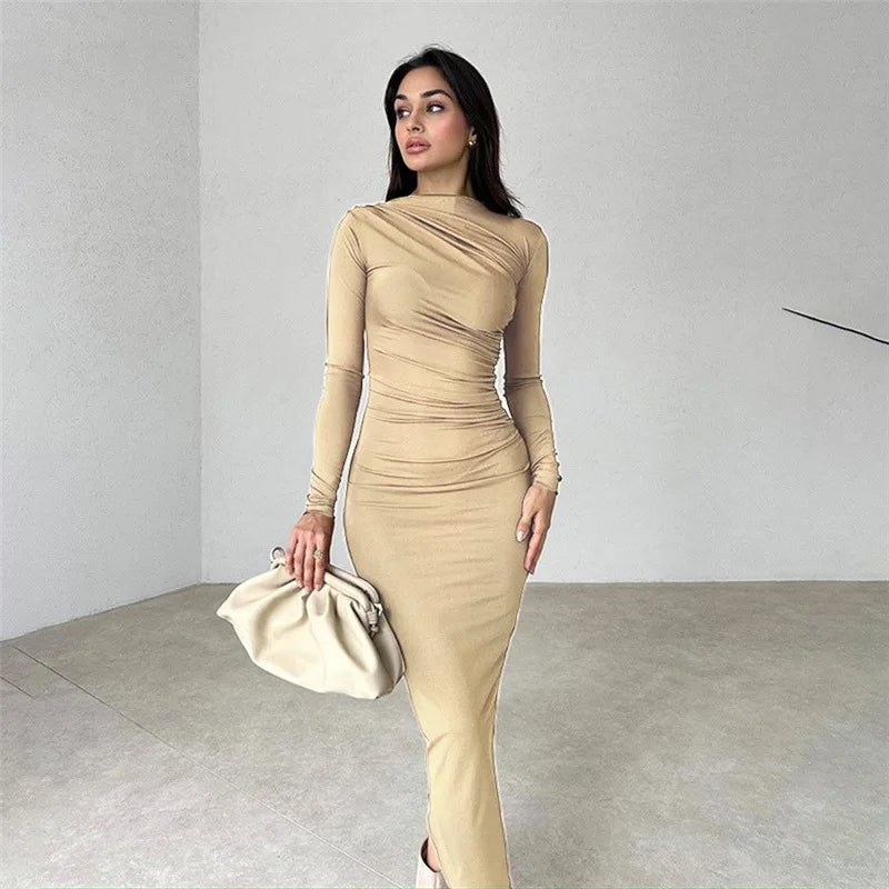 vmtvr Autumn Elegant Ruched Long Bodycon Dress Fashion Outfits for Women Club Party Slinky Sexy Dresses Birthday Robes