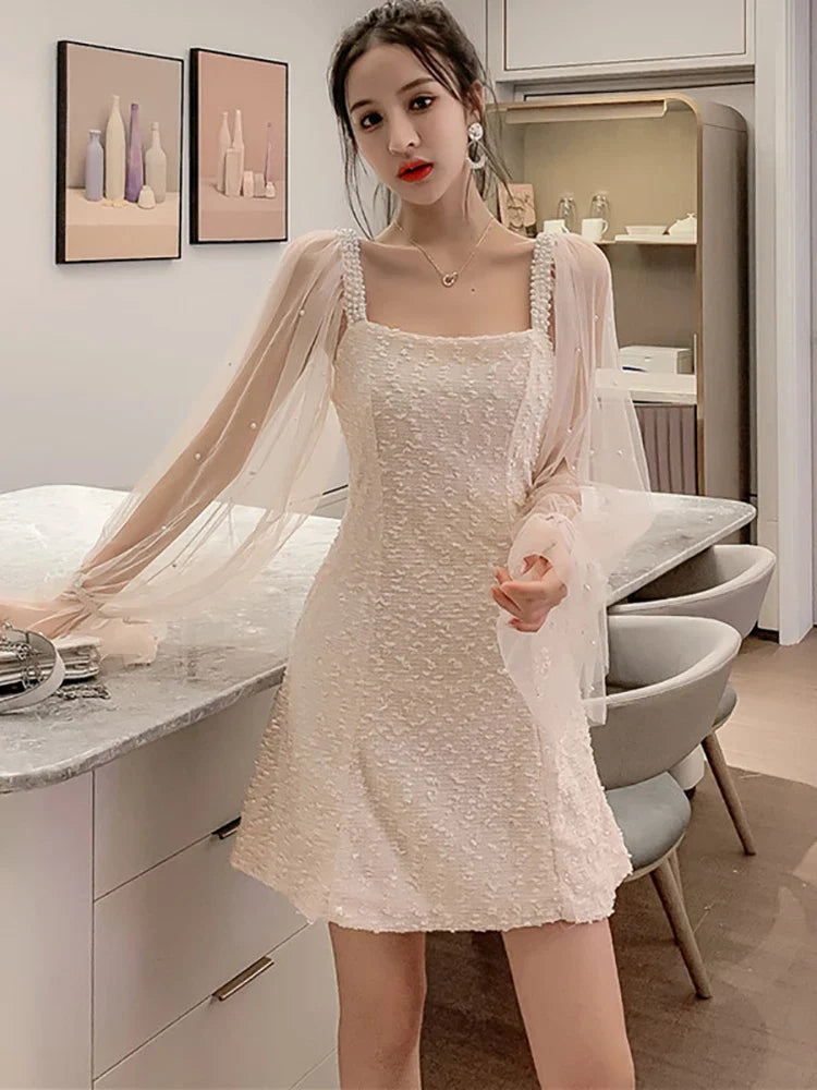 vmtvr 2024 White Casual Mesh Long Sleeve Chic Square Collar Sexy Mini Dress Women Spring Summer Korean Fashion Elegant Bodycon Dresses