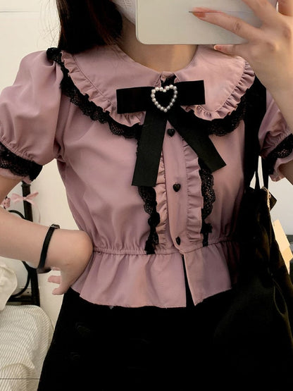 Back to School Kawaii Girl Sweet Cute Lolita Puff Sleeve Shirt Summer Y2k Lace All Match Blouse Top New Female Single Breasted  Summer