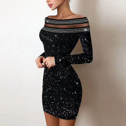 vmtvr Shiny Silk Turtleneck Bodycon Evening Dress Sexy Mesh Patchwork Long Sleeve A-line Dress Women Elegant Hollow Out Fashion Dress