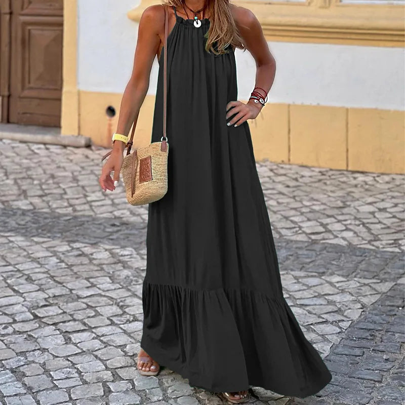 vmtvr Holiday Beach Solid Loose Boho Maxi Dress Women Sexy Halter Off Shoulder Long Party Dress Spring Summer Sleeveless Pleated Dress