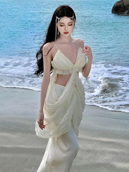 vmtvr Women Beige Sleeveless V Neck Hollowed Out Backless Pleated Slip Tops And High Waist Slim Mermaid Long Skirt Fashion Summer Suit