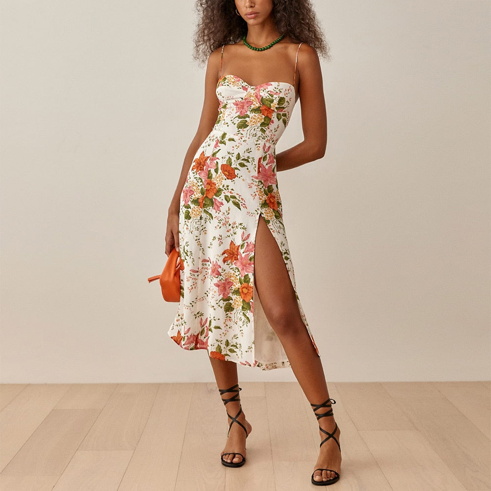 Summer Dresses For Women Elegant Vintage Floral Print Dress Sweetheart Neck Spaghetti Strap Midi Dress With Slit Sundress