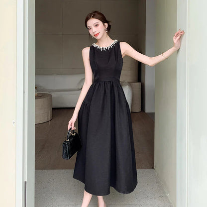 vmtvr  -  Elegant Black Midi Dress for Women Summer New Fashion Sleeveless A-line Pleated Solid Office Casual Korean Female Clothing