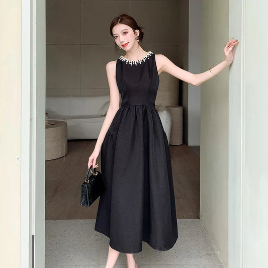 vmtvr  -  Elegant Black Midi Dress for Women Summer New Fashion Sleeveless A-line Pleated Solid Office Casual Korean Female Clothing