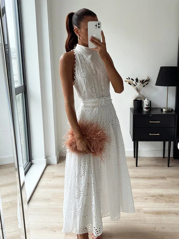 vmtvr  -  Cotton White A-line Hollow Out Belt Casual Maxi Long Summer Women Dress Halter Sleeveless Sundress Robe Party Vestidos