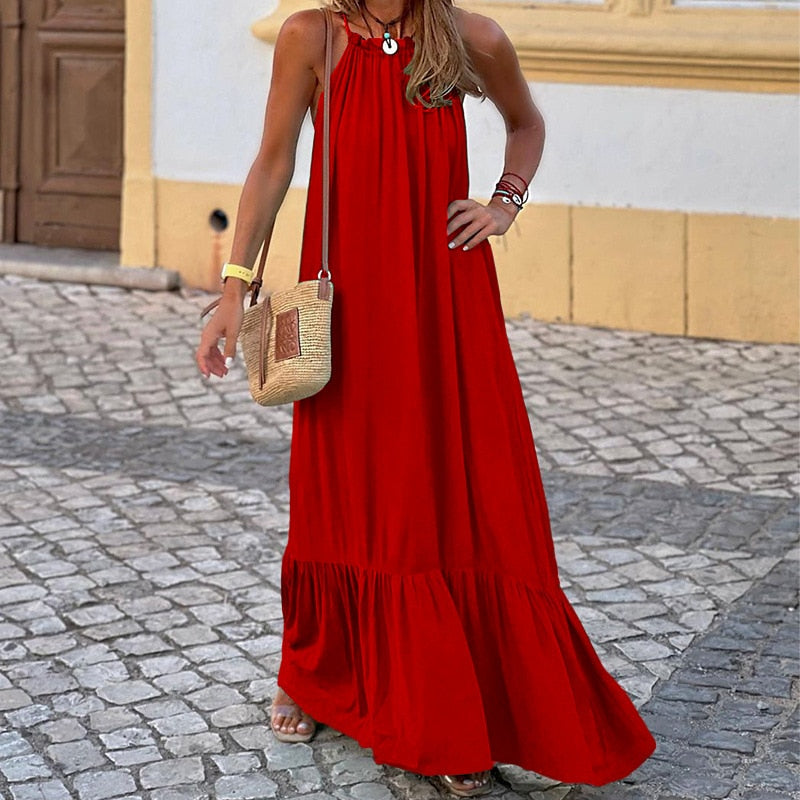 Lady Elegant Evening Dress Off Shoulder O-neck Sleeveless Solid Color Loose Maxi Dress  Spring Summer Women Dresses Vestidos