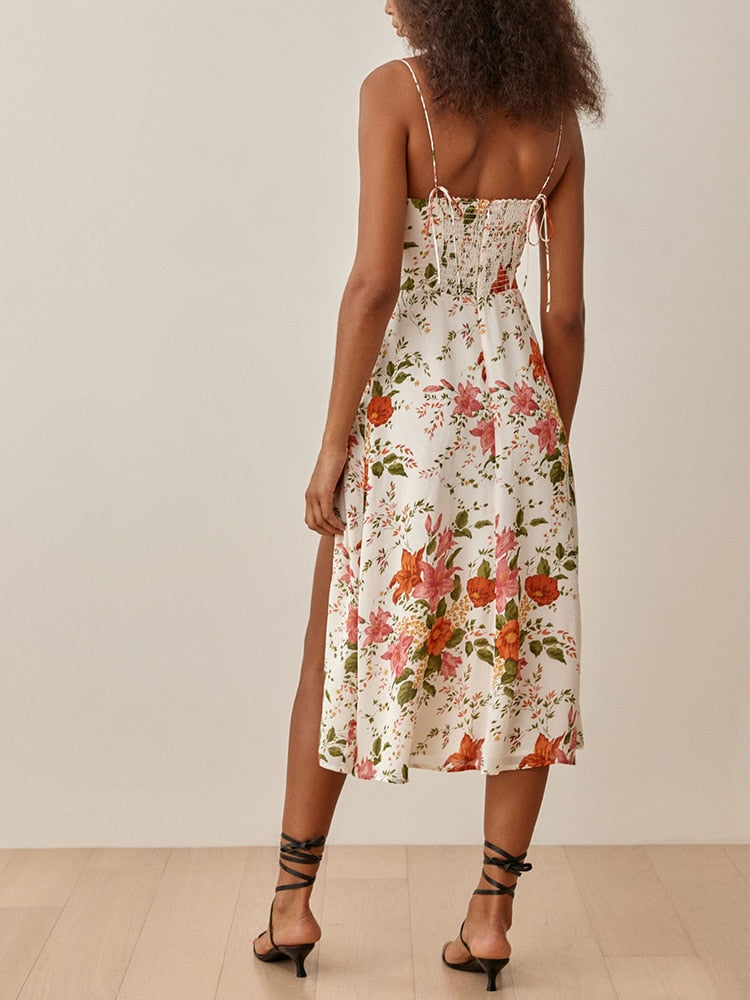 Summer Dresses For Women Elegant Vintage Floral Print Dress Sweetheart Neck Spaghetti Strap Midi Dress With Slit Sundress