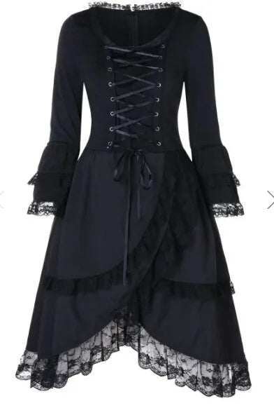 vmtvr  -  Gothic Black Dress Women New O-Neck Long Sleeve Lace Patchwork Lacing Dress Autumn Winter Black Retro Party Dress Female XXL