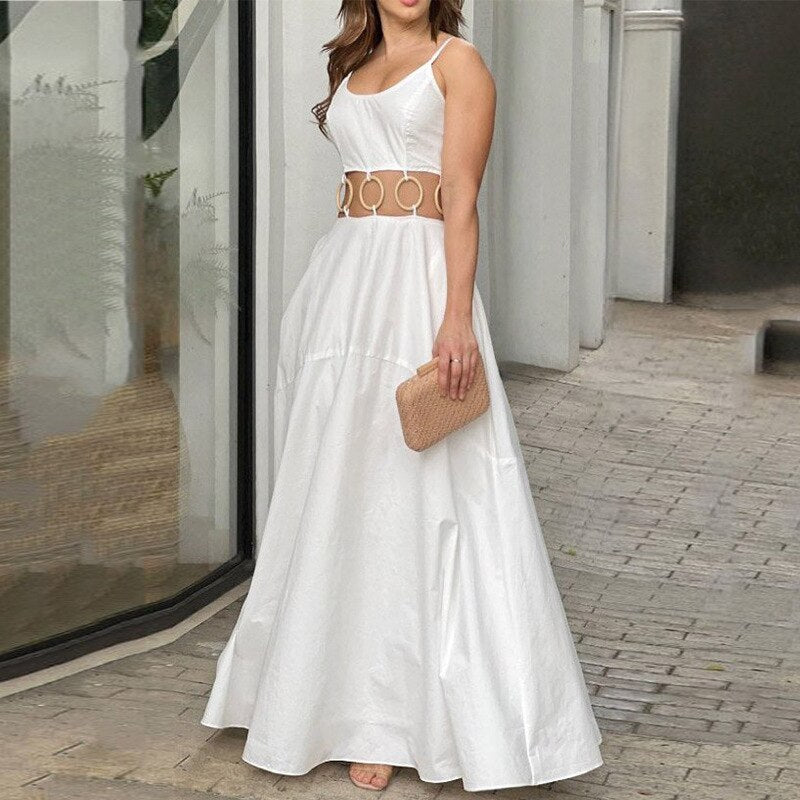 Women Slip Dress Summer O Neck Sleeveless hollow out long dress Ladies white Sexy Evening Base Dresses Silky Sleeping Wear Dress