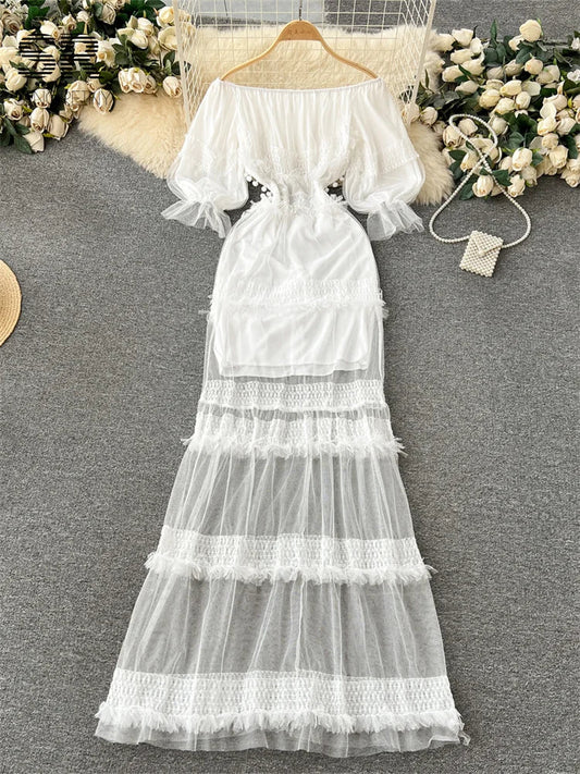 vmtvr Backless Mesh Long Dress Women Elegant Fashion 2024 Zipper Slash Neck Off Shoulder Ladies Summer Wedding Dresses