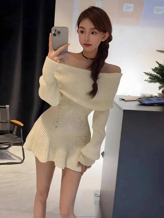 vmtvr Knitted Sweater Dresses Women Slash Neck Off Shoulder Autumn Winter 2024 Stretch Slim Basic Party Mini Dress Elegant