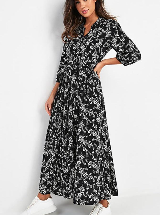 Vintage Floral Print Maxi Boho Three Quarter Sleeve Dress