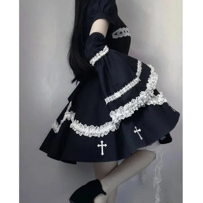 vmtvr  -  Japanese Gothic Cosplay Dress Female Harajuku Maid Kawaii Lolita Dress Women Costumes Hollow Out Long Sleeve Lace Y2k Clothes