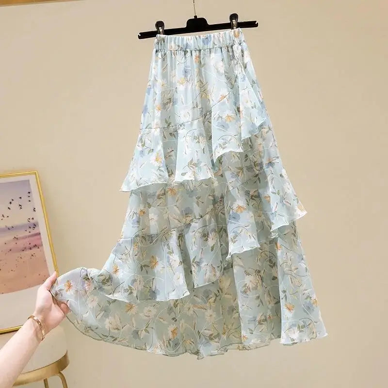 vmtvr Y2K Floral Women Chiffon Skirts Summer Casual All Match Female Ruffled Midi Skirt Korean Fashion High Waist A Line Skirts New