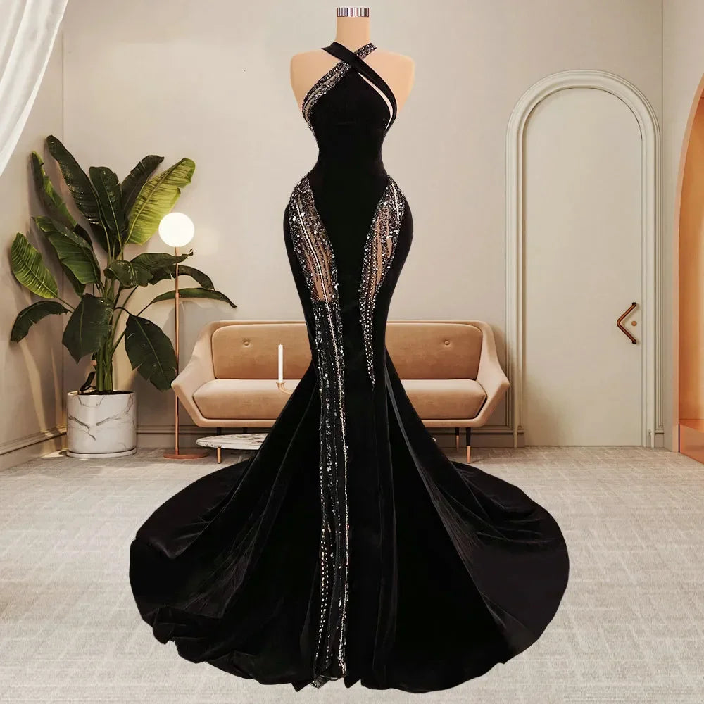 vmtvr  -  Ladies' Black Mermaid Noble Velvet Off Shoulder Evening Dress Wrapped Hip Fishtail Long Dress Luxurious and Elegant