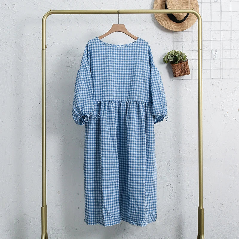 vmtvr  -  Elegant Dresses For Women 100% Cotton Plaid Casual Summer Loose Puff Sleeve Birthday Party Dress For Female Long Maxi Dress