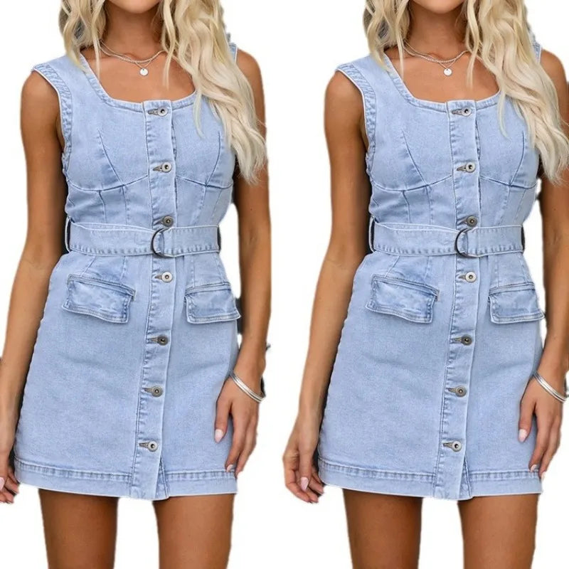 vmtvr  -  Spring Summer New Women's Clothing Solid Color Casual Slim Denim Sleeveless Dress Sexy Mini Dress