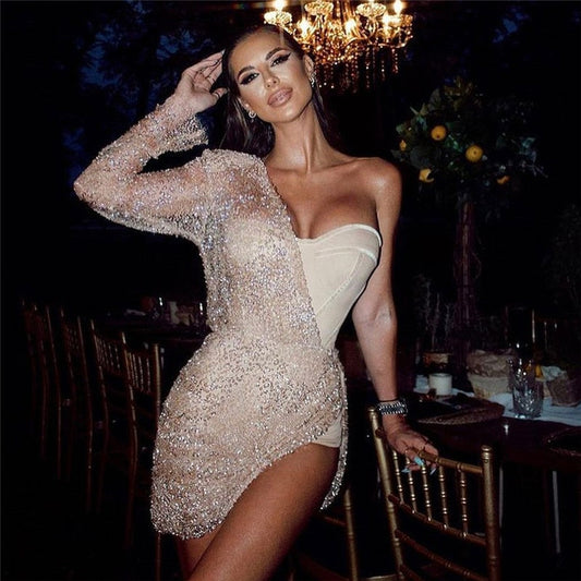 Sexy Sequined Bodycon Dress Long Sleeve One Shoulder Prom Partywear Mini Bandage Dresses Autumn Fashion Nightclub Women Outfits