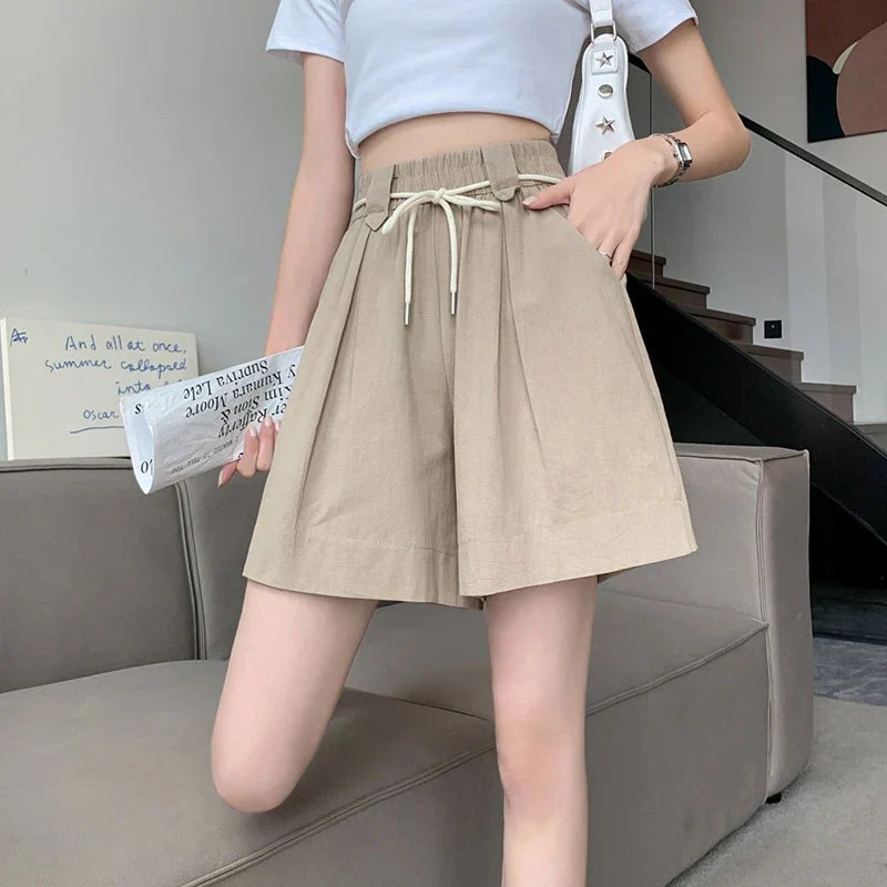 vmtvr High Waist Cotton Linen Shorts Women Summer Korean Casual Streetwear Loose Sport Shorts All Match Female Wide Leg Pants