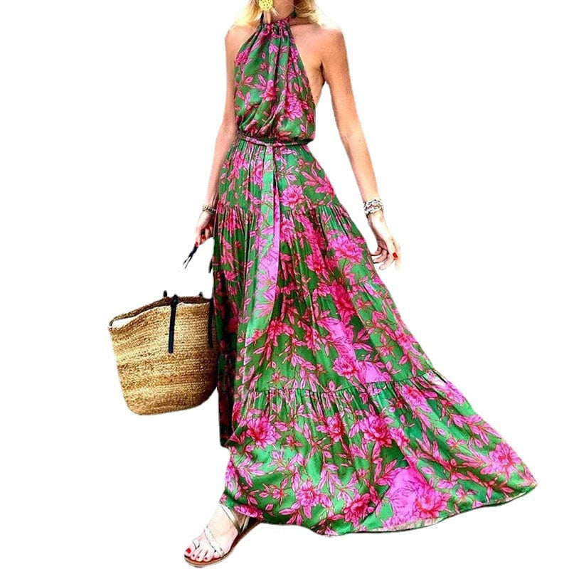 Summer Halter Sleeveless Floral Print Boho Dress for Women Pleated Stitching Maxi Dress High Waist Slim Lace Up Beach Dress