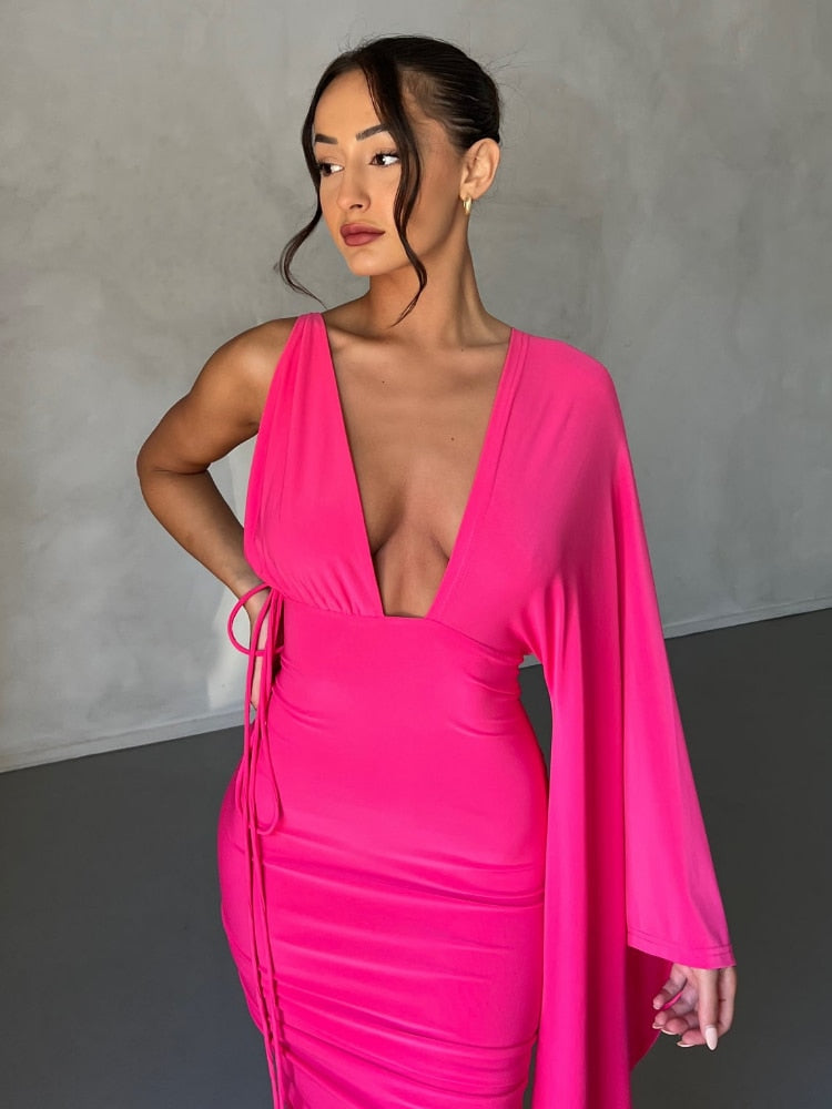 Rose Red Backless Maxi Dress Women Sexy Ruched Evening Party Dresses Fashion Elegant One Shoulder  Slim Long Summer Dress 2023