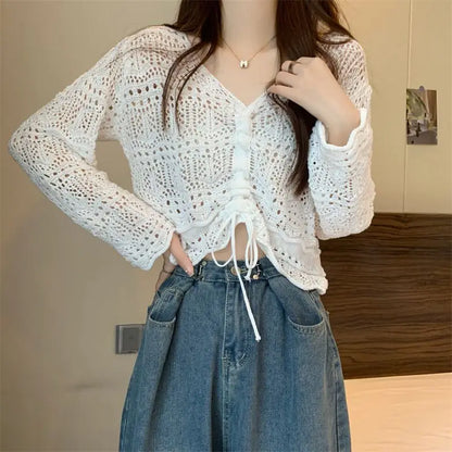 vmtvr Korean Simple Hollow Out Drawstring Knit Sweaters Women Spring Summer Solid V-Neck Lace Up Sweet and Spicy Sexy Design Short Top