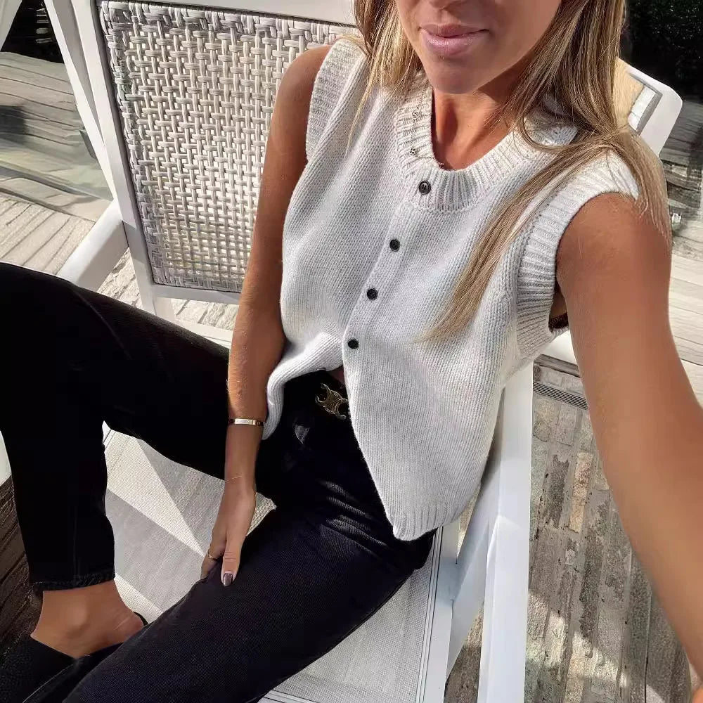 vmtvr Summer Knitted Cardigans Women Elegant Fashion Button Sleeveless Tops Solid Basic Casual Loose Vacation Holiday Vests 2024 Gray