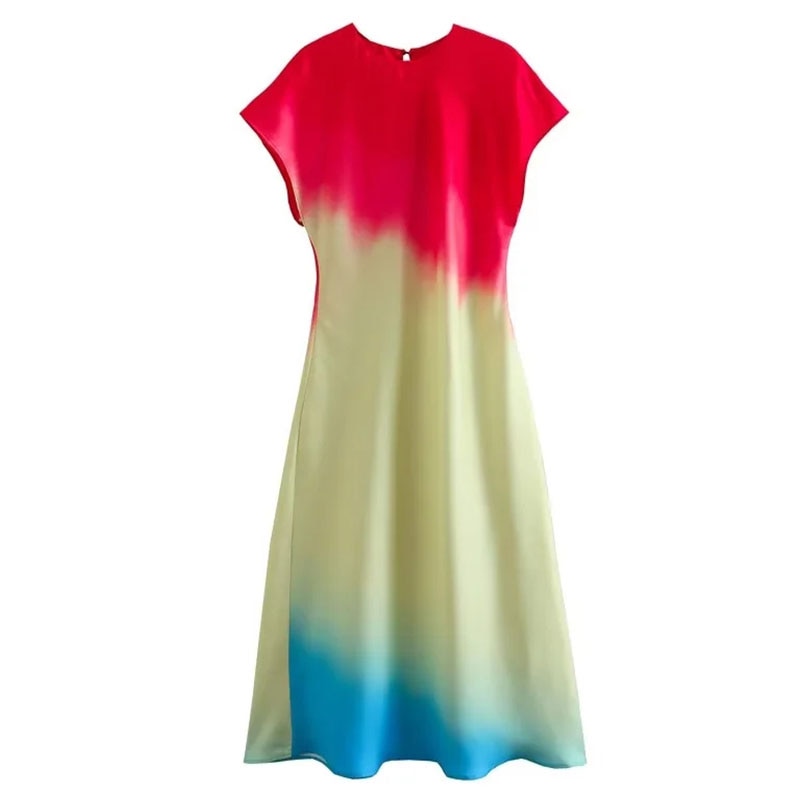 Women's Fashion Print Short Sleeve Dress Vintage Tie Dye O-Neck Midi Dresses Spring Female Casual Chic Satin Dress