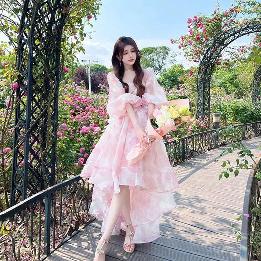 Vintage Floral Sweet Midi Dress Women Irregular Elegant Puff Sleeve Fairy Dress Female 2024 Summer Casual Beach Party Dress Chic