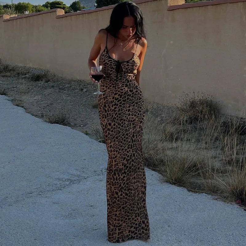 vmtvr Animal Leopard Print Sexy Slip Tie Front Maxi Dress Elegant Outfits for Women Sleeveless Backless Party Dresses Summer Dress