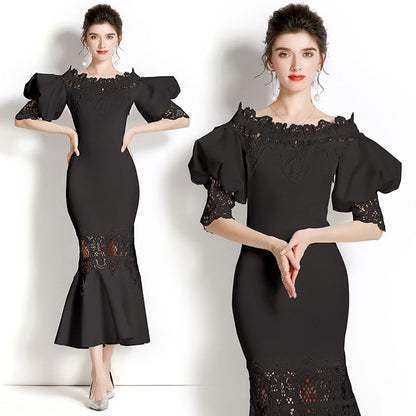 Luxury Water Soluble Lace Flower Embroidery Patchwork Elastic Fishtail Dress Women Sexy Lantern Sleeve Evening Party Vestidos